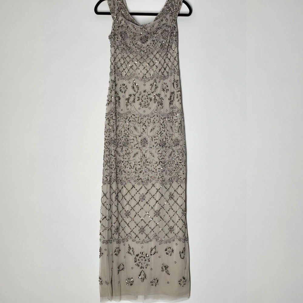 Adrianna Papell Beaded Column Gown Size 10 Biscotti Silver Formal Dress